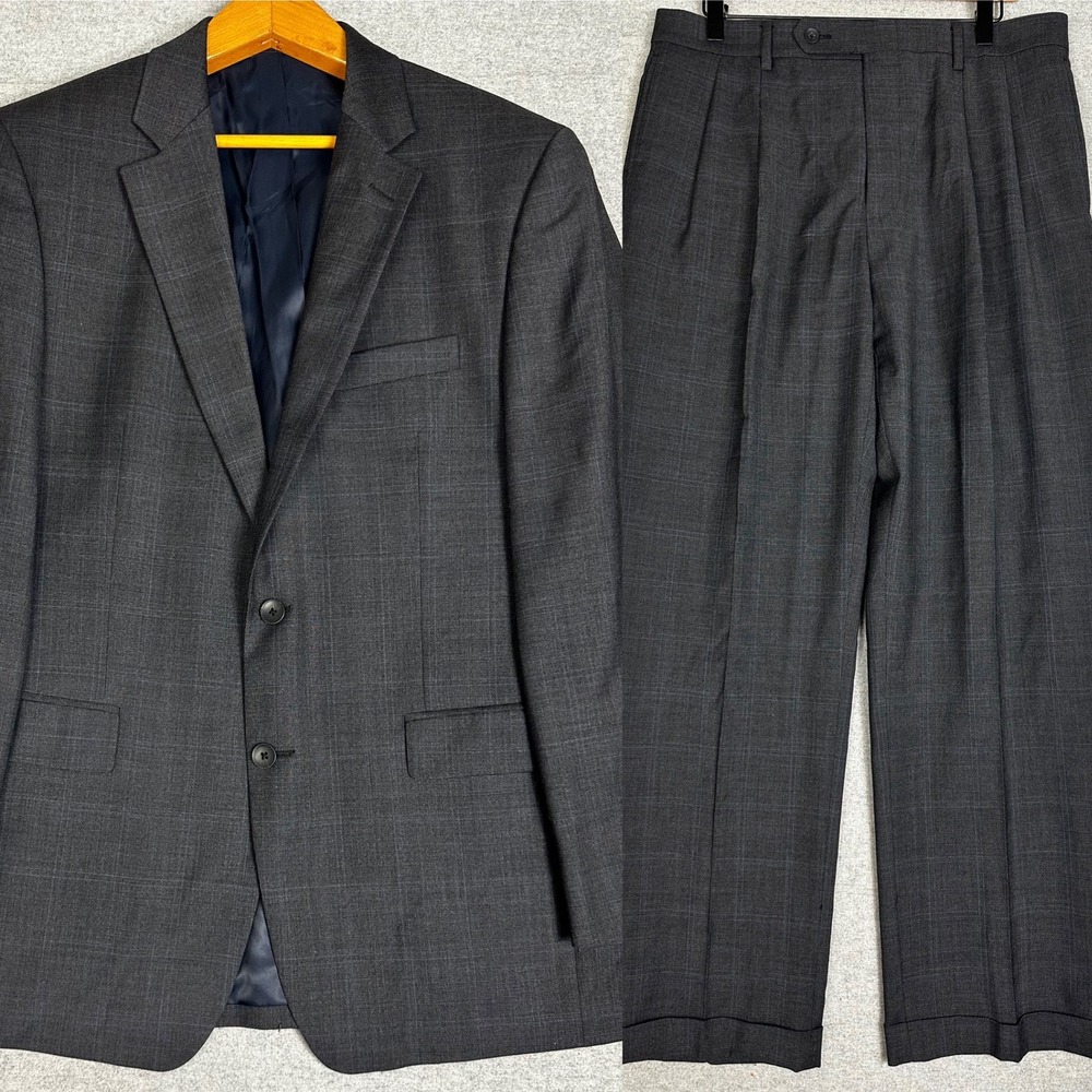 Nautica Suit Jacket Pants 40R 34x30 Gray Blue Glen Plaid Wool Pleated Cuffed